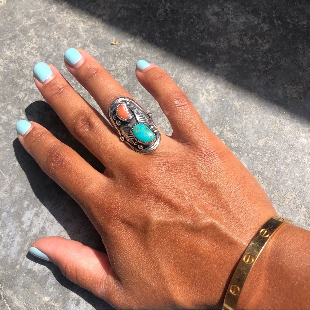 Vintage Native American Turquoise & Coral Ring